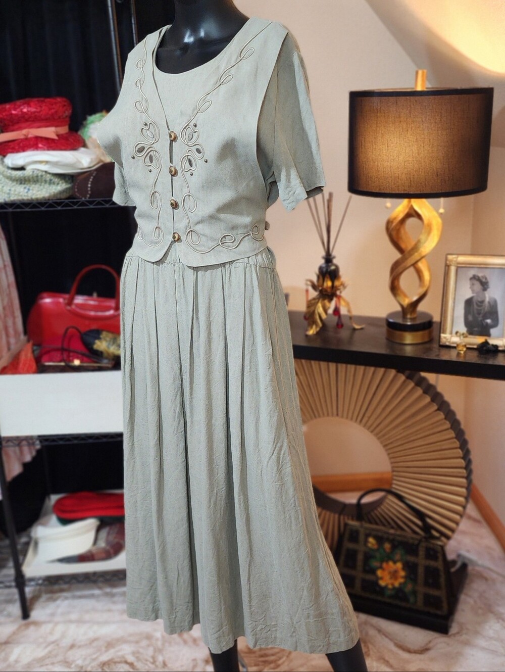 K Studio Vintage Sage Green Embroidered Midi Dress Tie Back Made in USA Size 14